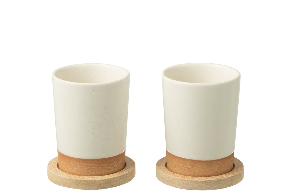 J-Line Doos Van 2 Tassen + Bamboubasis Keramiek Wit/Naturel