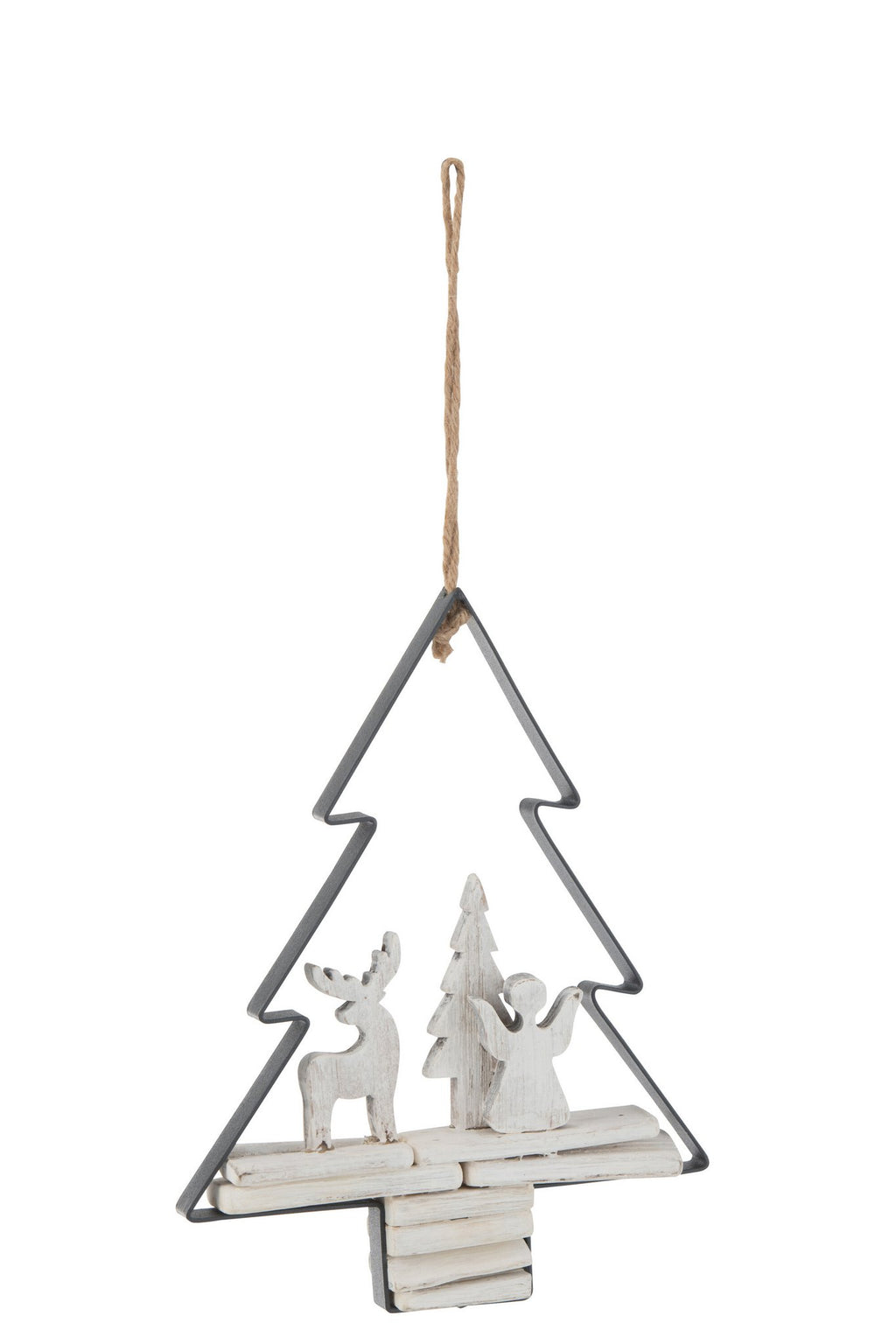 J-Line kersthanger Kerstboom + Figuren - hout/metaal - wit