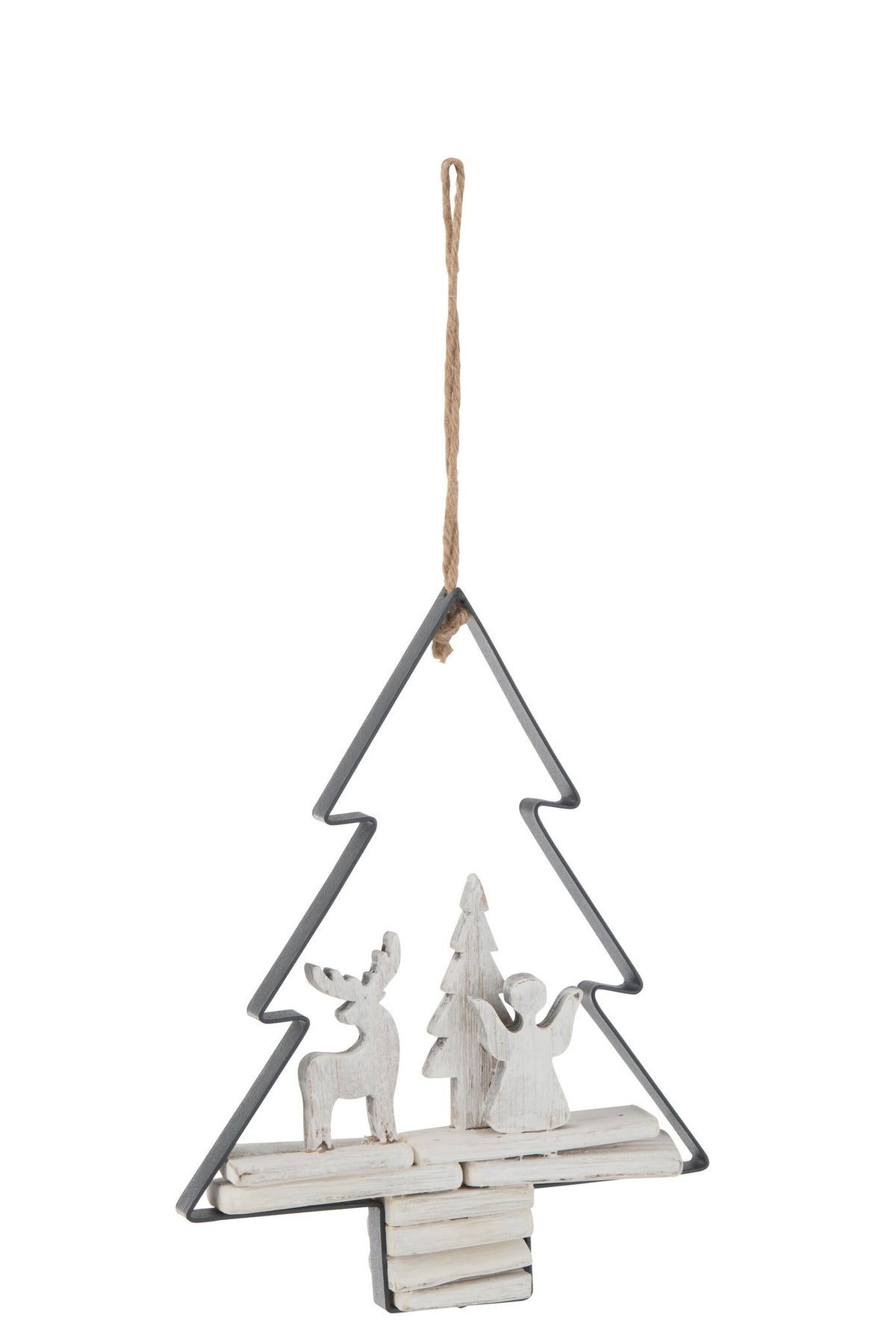 J-Line kersthanger Kerstboom + Figuren - hout/metaal - wit