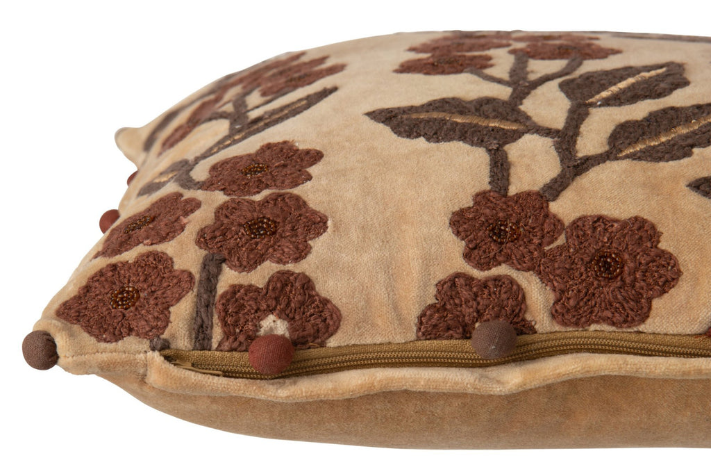 J-Line kussen Bloemen + Bladeren Vierkant - katoen - camel/bruin
