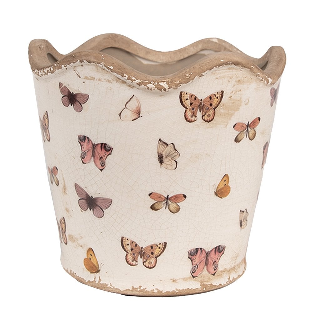 Bloempot Binnen Ø 16x15 cm Beige Roze Keramiek Vlinders Plantenpot