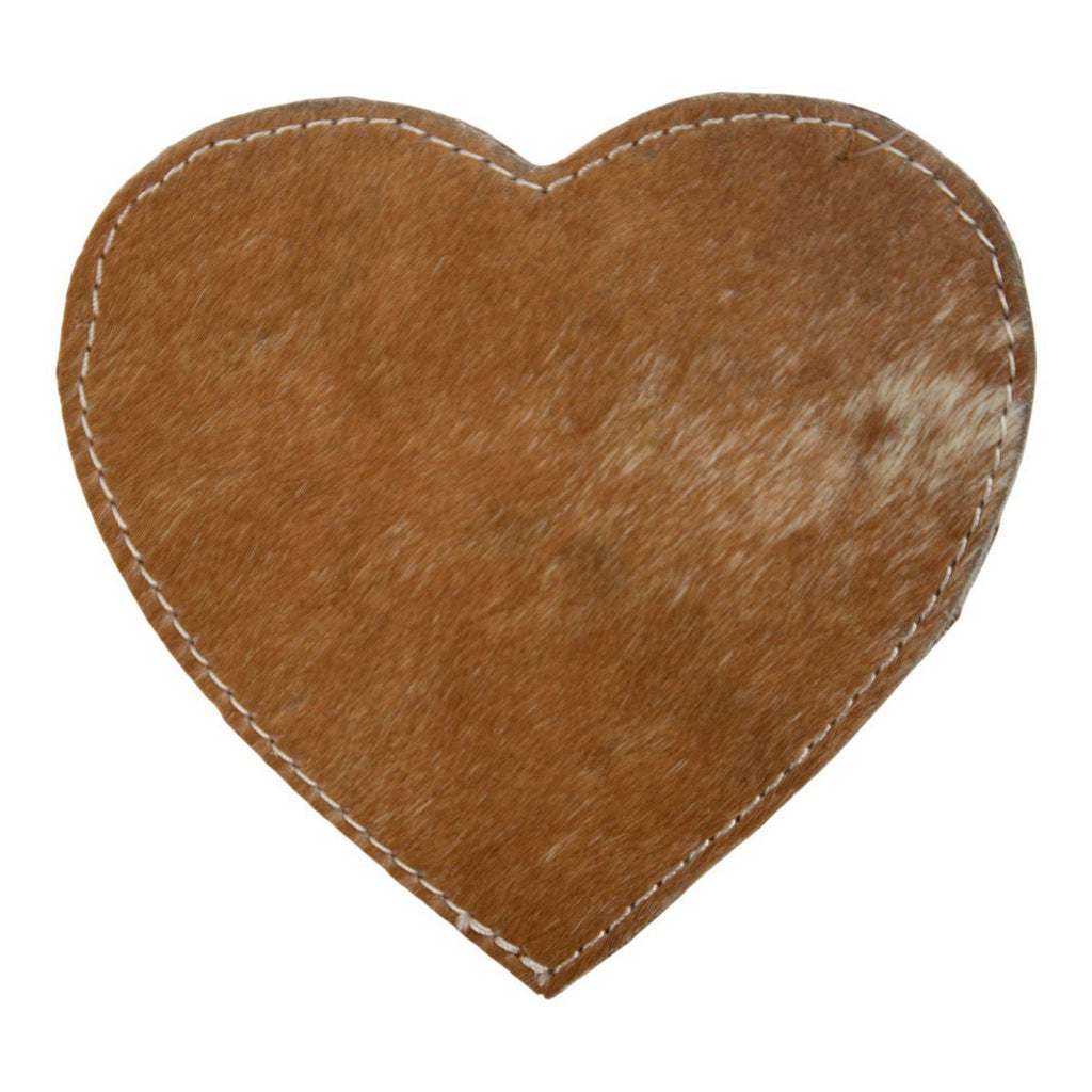 Onderzetter koehuid hart bruin/wit 14cm