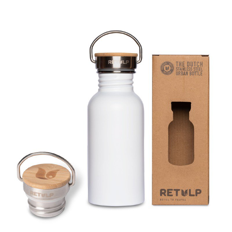 RVS drinkfles bamboe dop 500 ml steel White