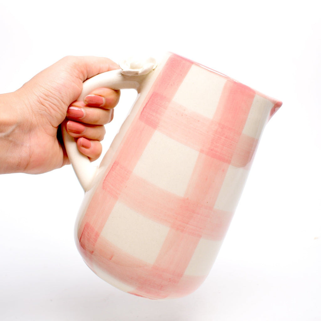 Kruik | Keramiek Handgeschilderde Daisy Check | 800ml Roze