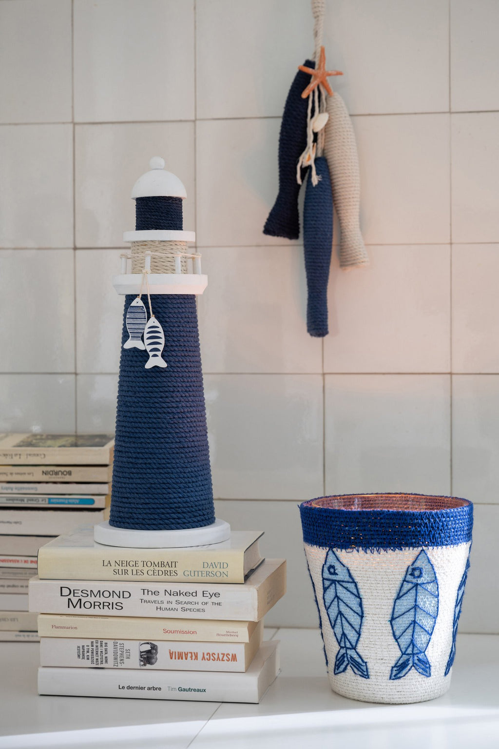 J-Line decoratie Vuurtoren - hout/touw - blauw/wit - S