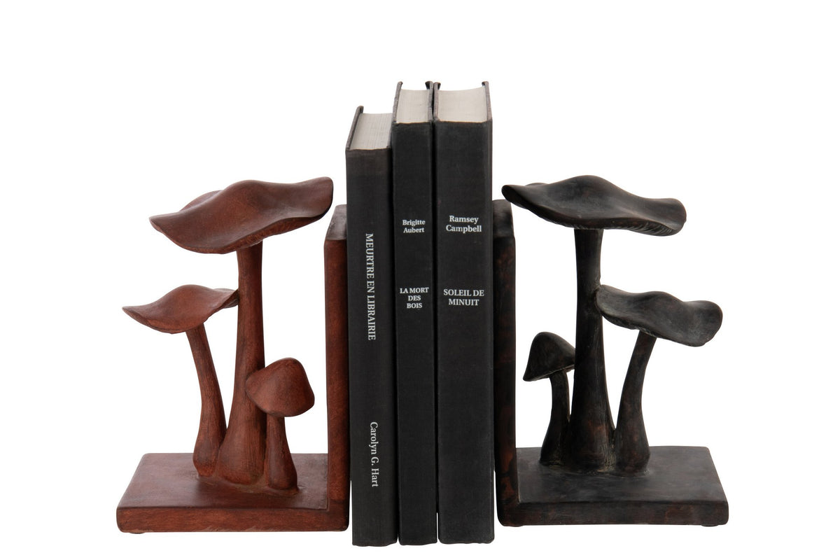 J-Line boekensteun Paddenstoel - polyresin - bruin/zwart - set van 2