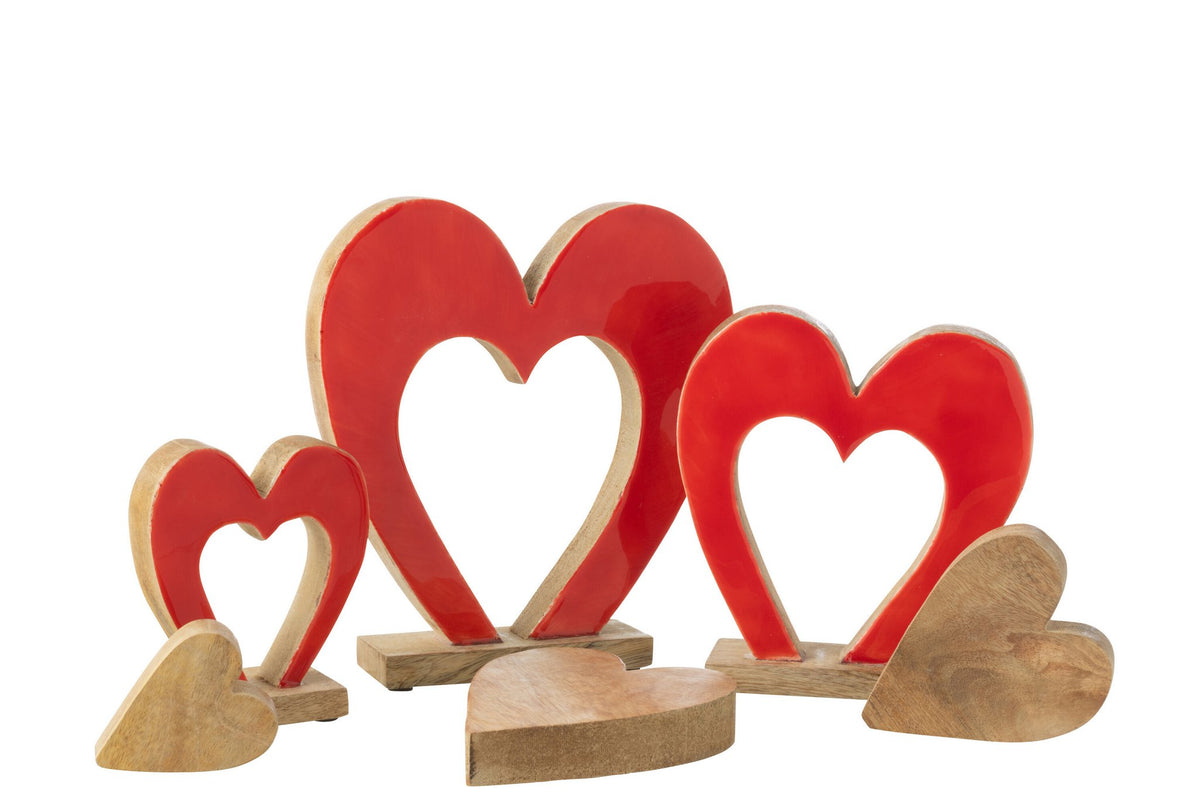 J-Line decoratie Hart Dubbel Op Voet - hout - rood/naturel - large