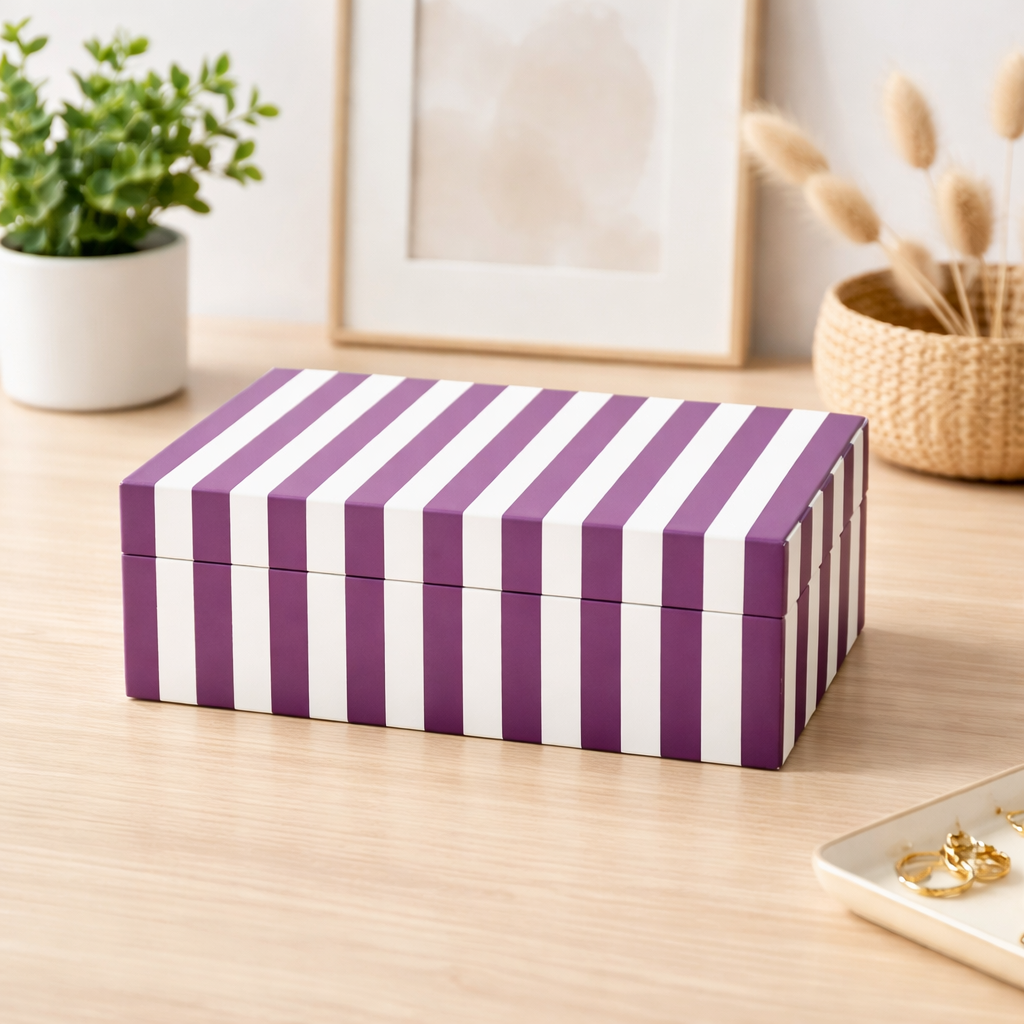 Paars gestreepte hars opbergdoos glanzende MDF decoratieve behuizing
