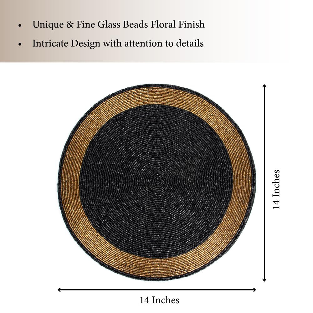 Placemats met glazen kralen – Zwart en goud, 30 cm rond, set van 4