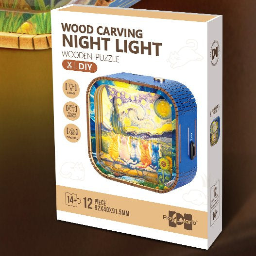 Bouwpakket Nachtlampje Katten bij Sterrenhemel- hout