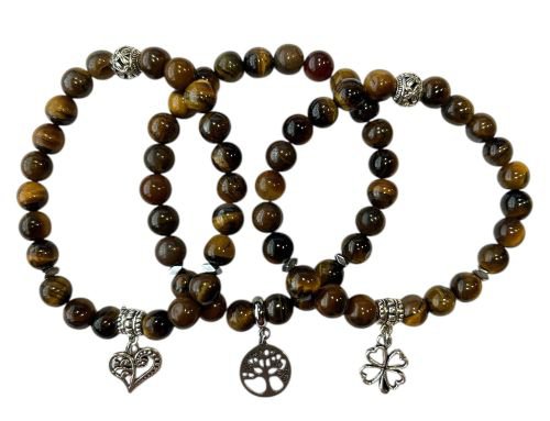 Dames armband Tijgeroog 8 mm met klaver bedel