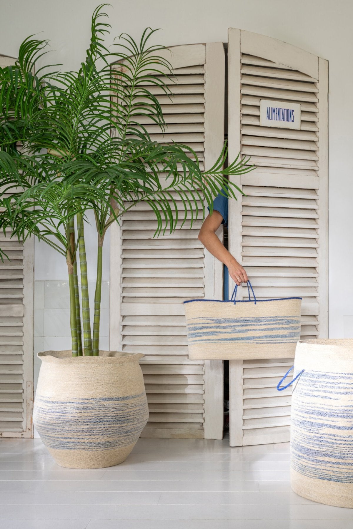 J-Line mand Met Handvat Gestreept - zeegras - naturel/blauw - 2 st.