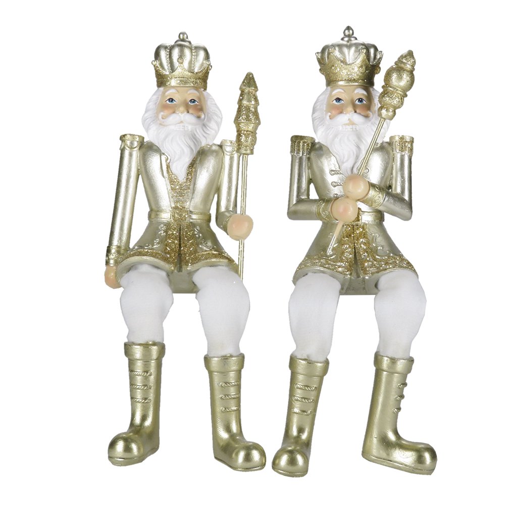 Beeld Set van 2 Notenkraker 12 cm Goudkleurig Wit Kunststof Kerstdecoratie