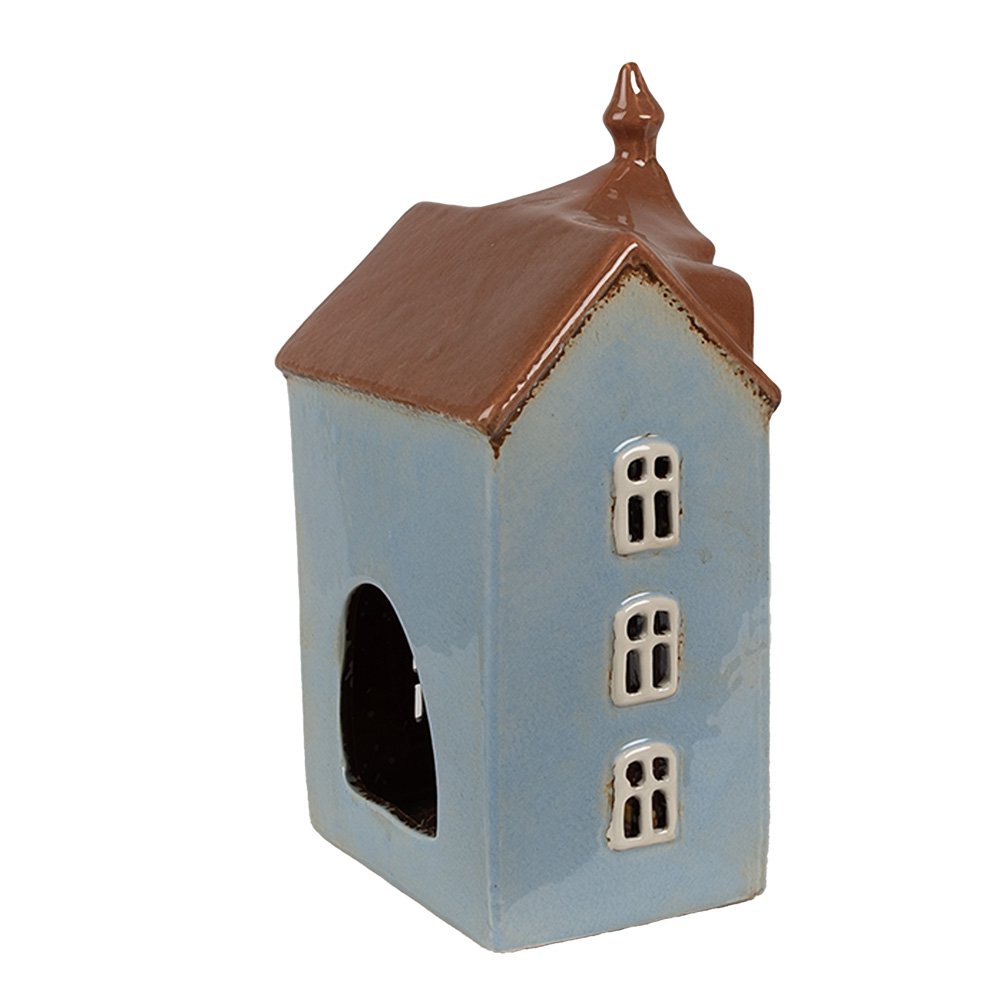 Waxinelichthouder Huis 13x9x22 cm Blauw Bruin Keramiek Theelichthouder