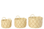 J-Line mand met handvat Rond Geruit - ijzer - naturel - set van 3