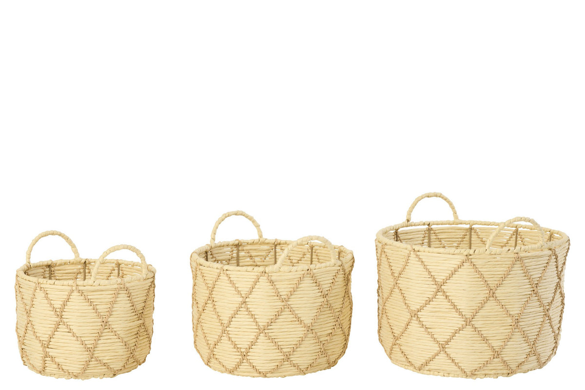 J-Line mand met handvat Rond Geruit - ijzer - naturel - set van 3