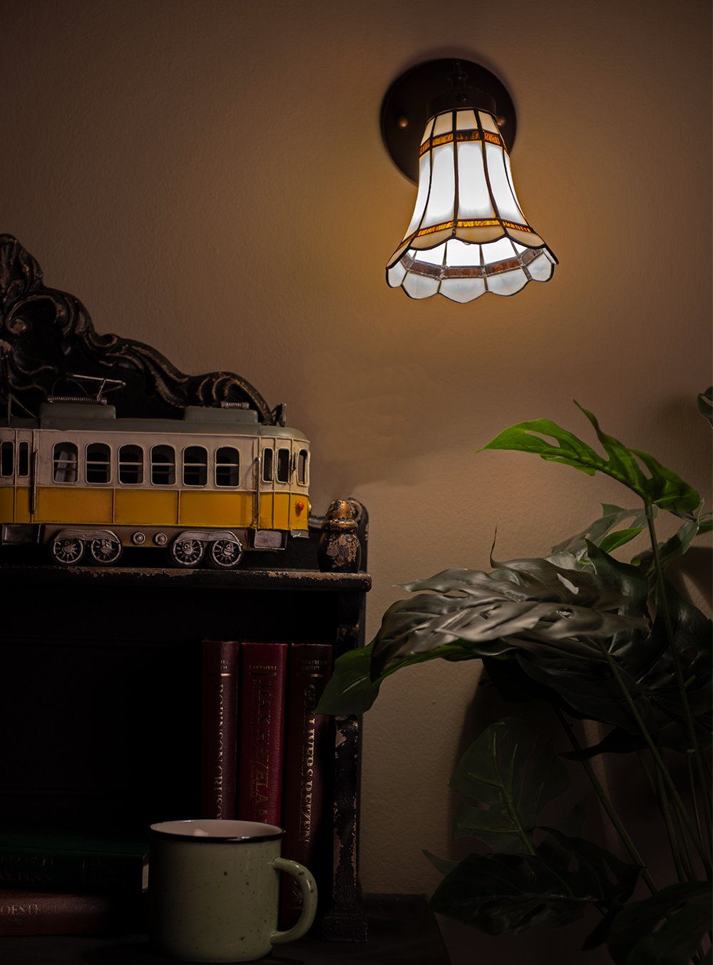 Wandlamp Tiffany 17x12x23 cm Wit Bruin Glas Muurlamp