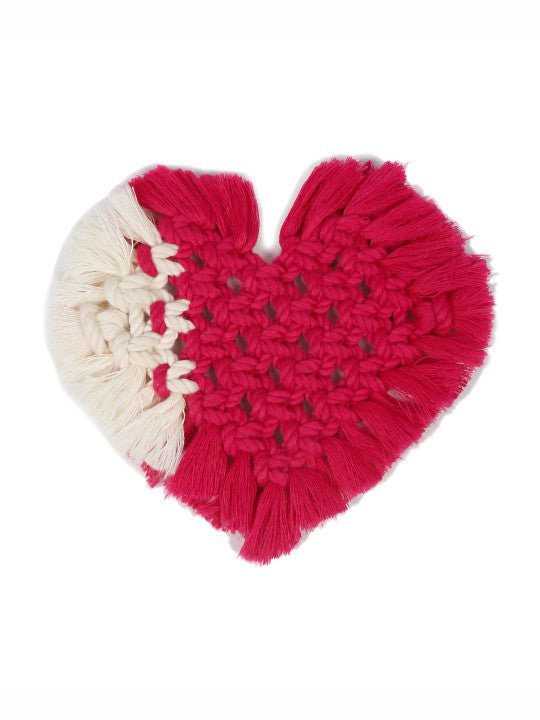Tweekleurige hartvormige onderzetters – macrame geweven textiel – set van 2