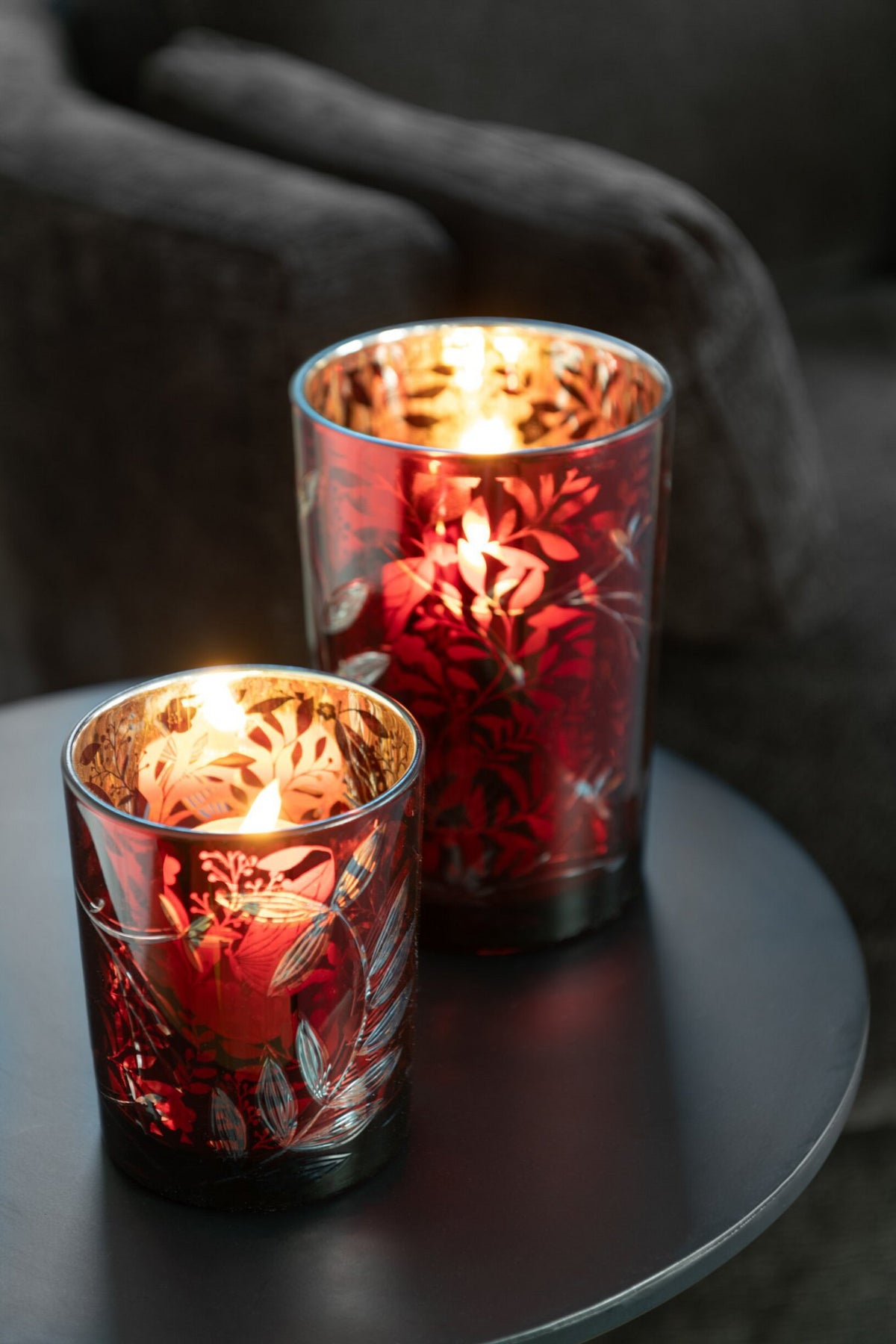 J-Line windlicht Blaadjes - glas - rood/goud - medium