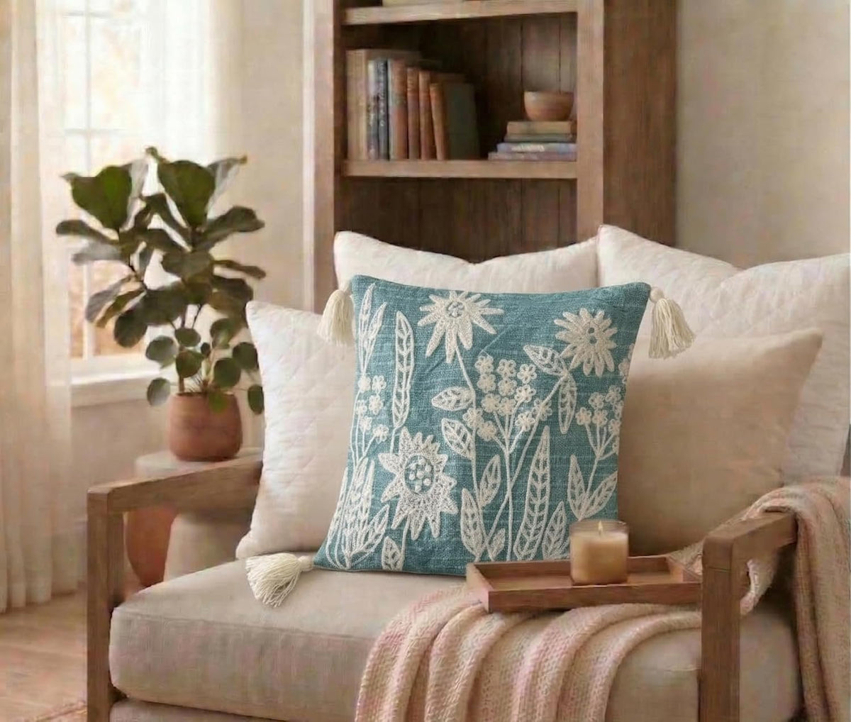 Groene roosjes geborduurde kussenhoes – decoratieve kussensloop – slubkatoen met kwastjes – 16x16 inch (40x40 cm)