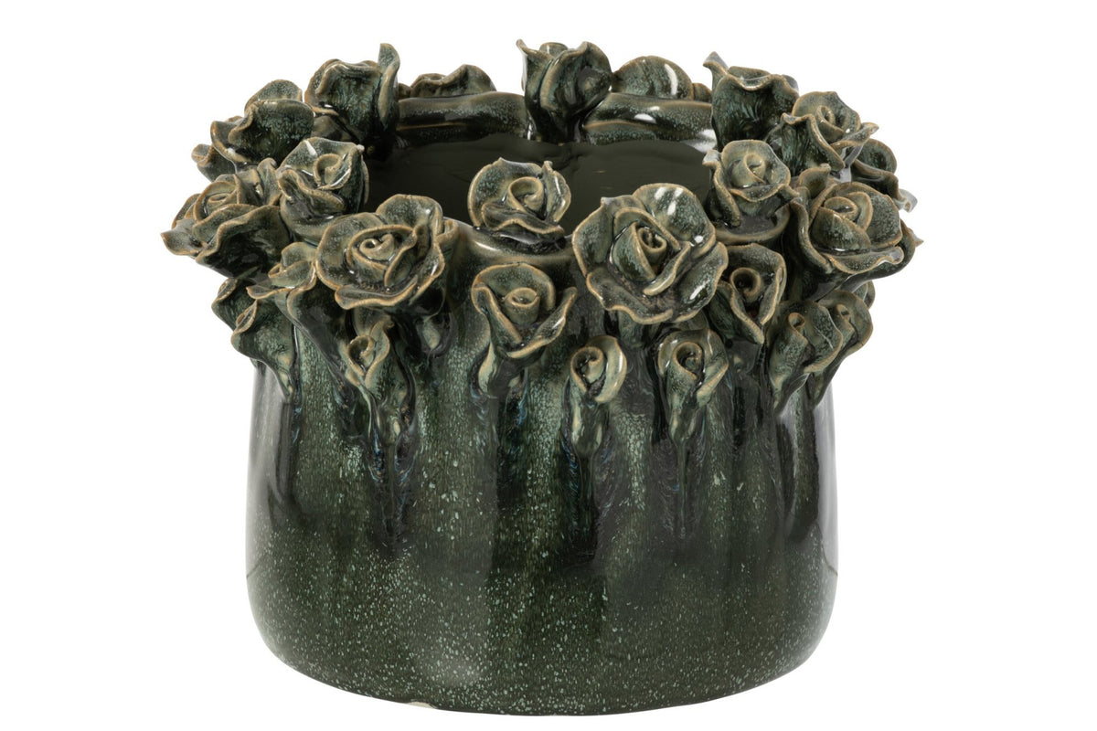 J-Line Bloempot met rozen - keramiek - petrolblauw - large