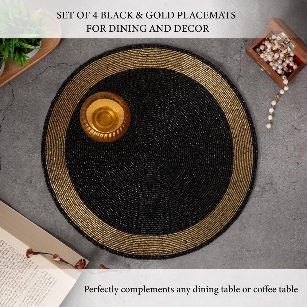Placemats met glazen kralen – Zwart en goud, 30 cm rond, set van 4