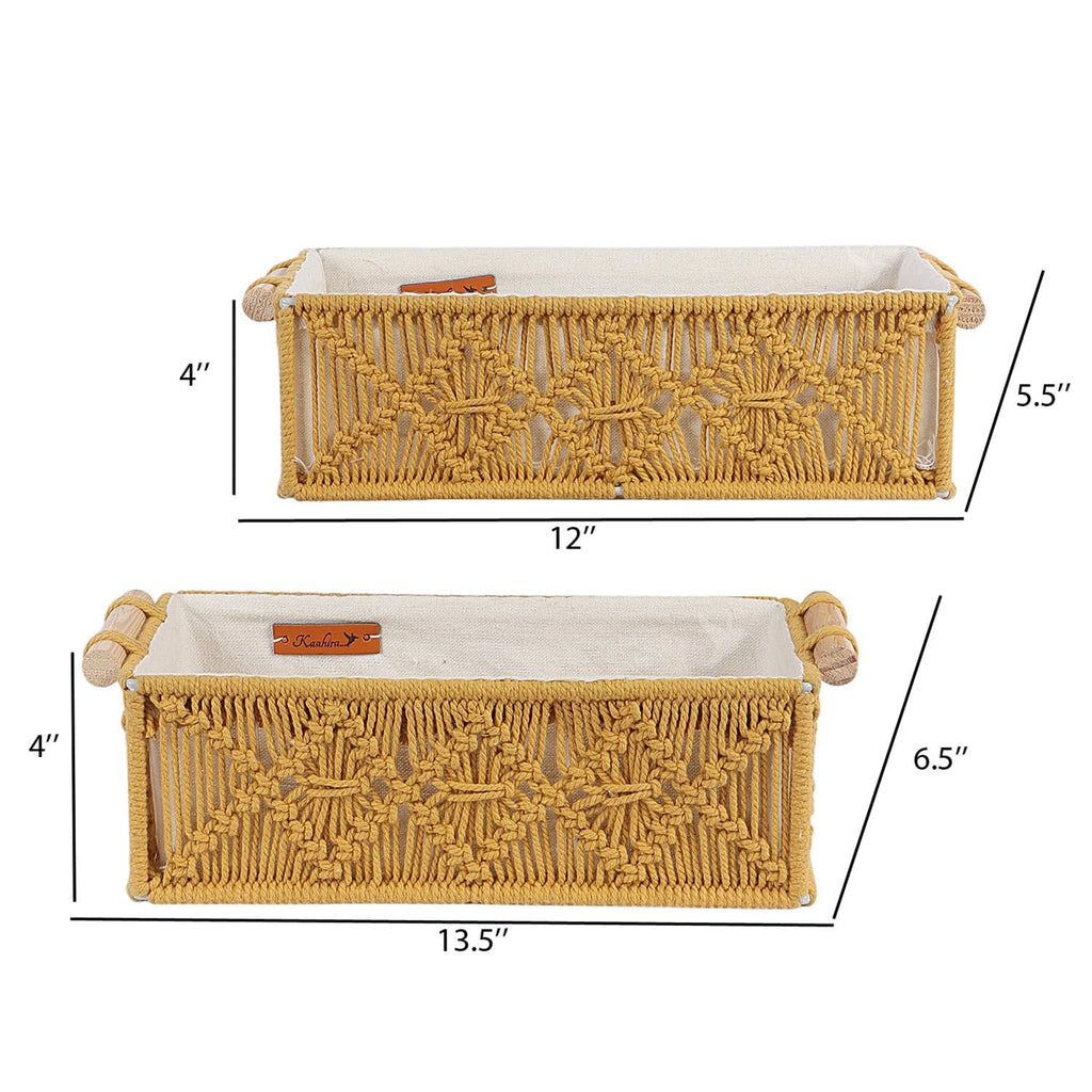 Mosterd handgemaakte decoratieve mand van katoen – set van 2 stuks