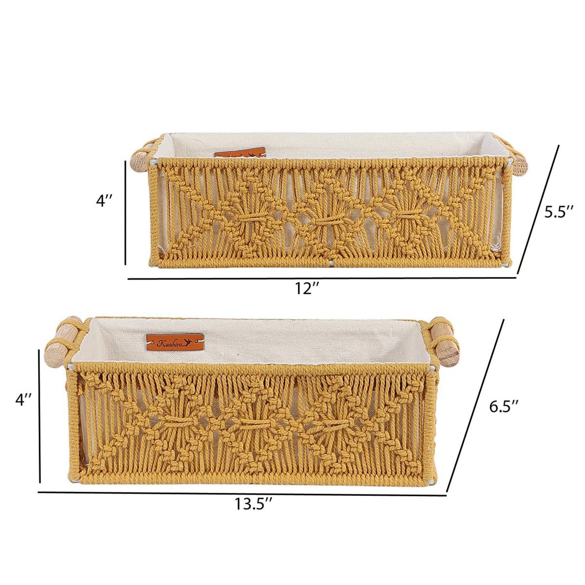 Mosterd handgemaakte decoratieve mand van katoen – set van 2 stuks