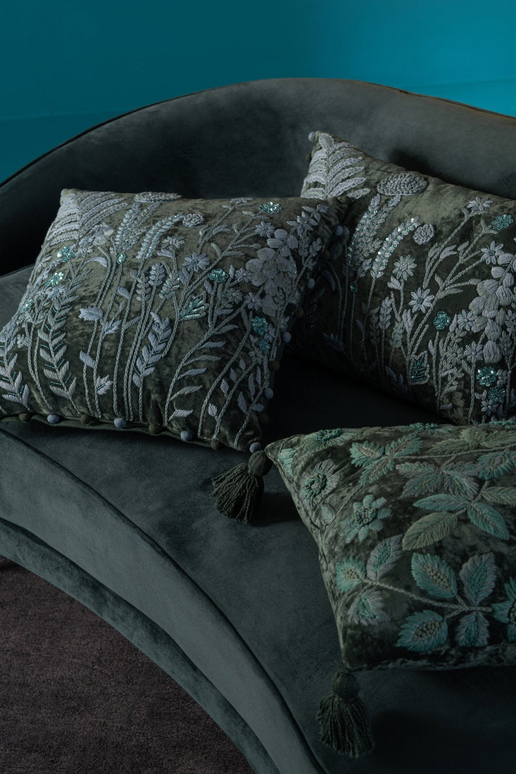J-Line kussen Blad + Bloem vierkant - viscose - donkergroen/turquoise