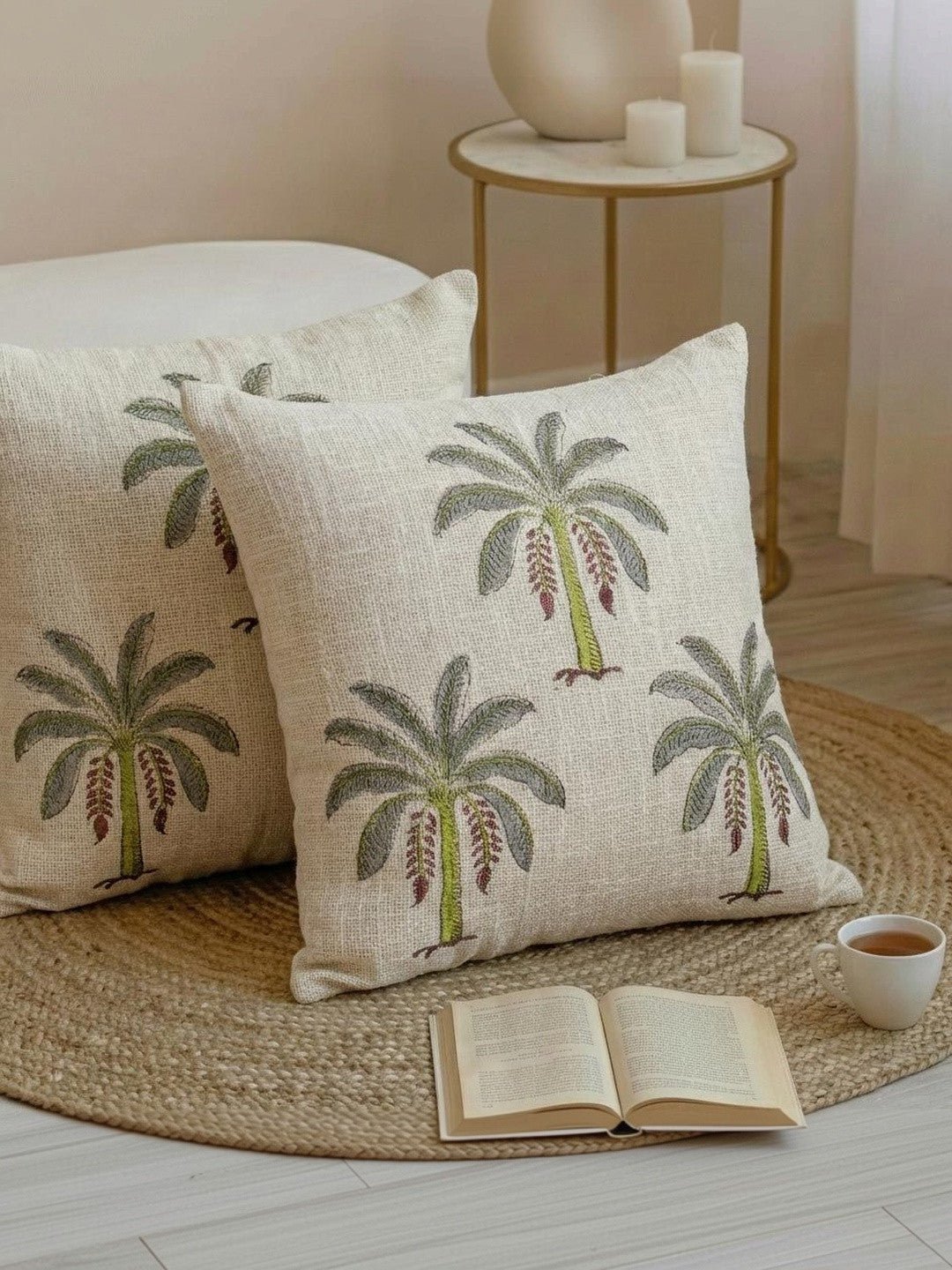 Set van 2 - Grijze en groene vierkante kussenhoezen – Decoratief textiel – Duurzaam katoen