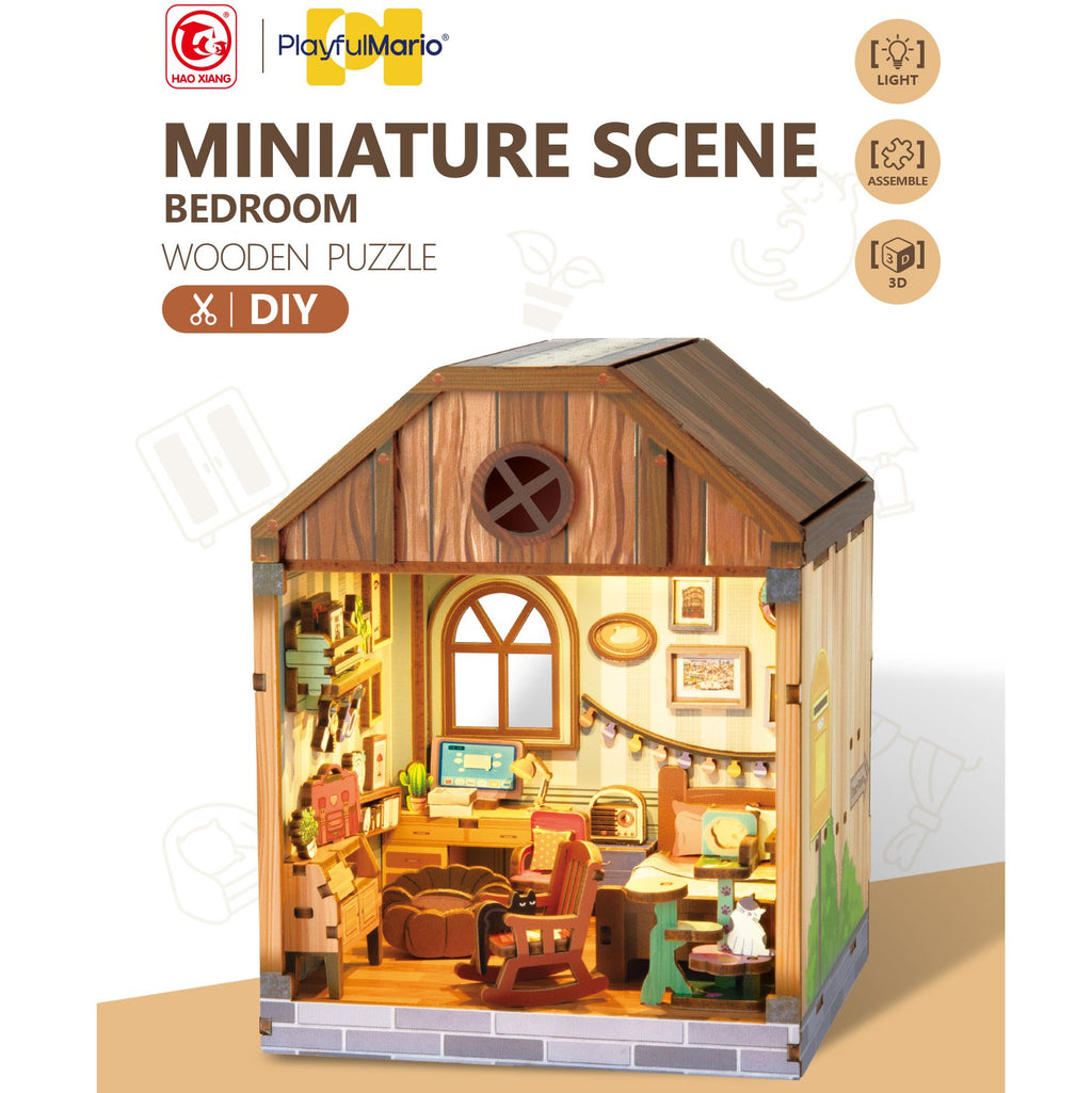 DIY Miniature Scene 3D Bedroom Slaapkamer met LED- verlichting- MDF