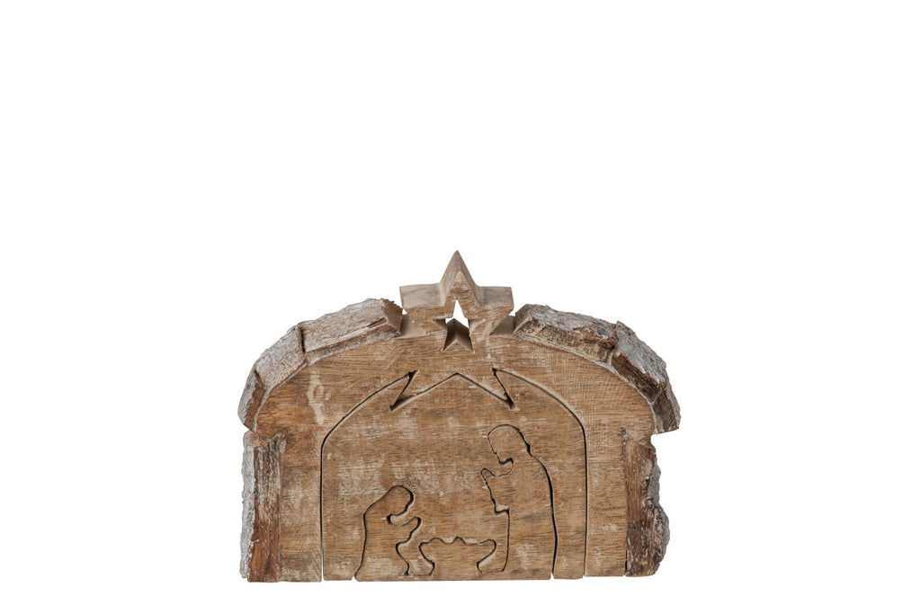 J-Line Kerststal met schors - mangohout - naturel/donkergroen - small