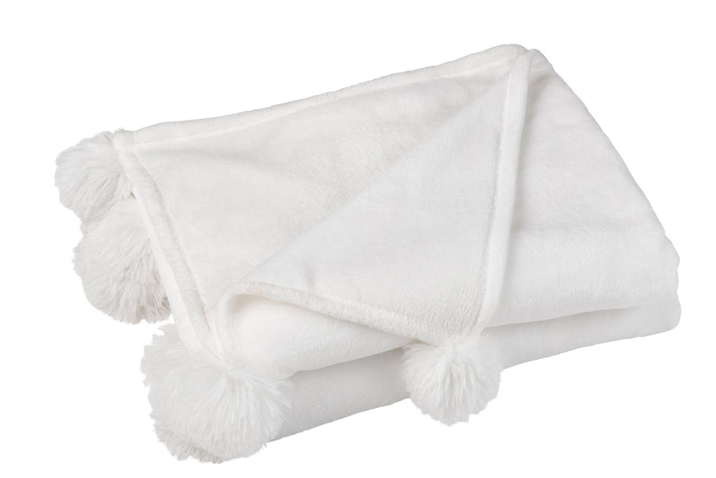 J-Line Plaid Pompon - polyester - wit - 170 x 130 cm