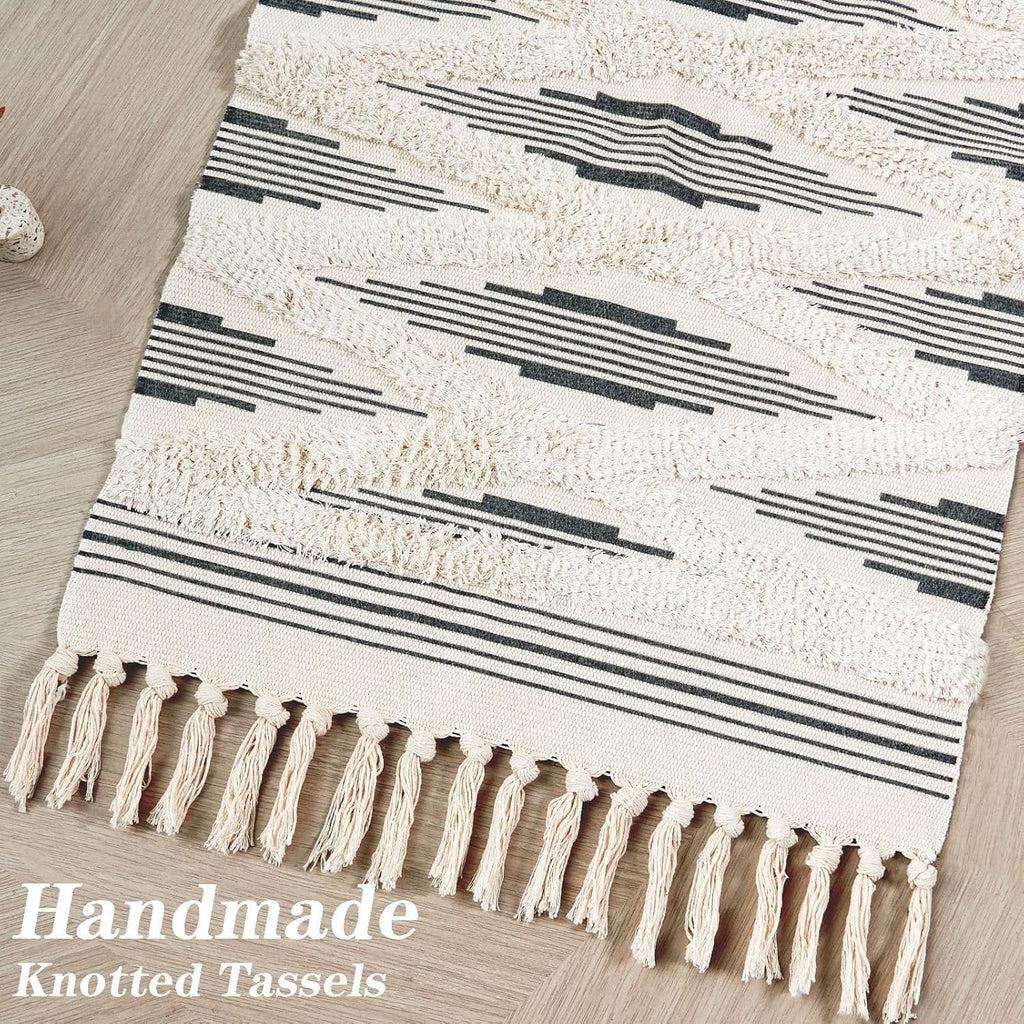 Handgeweven katoenen vloerkleed – zwart zigzagpatroon – 60x152 cm