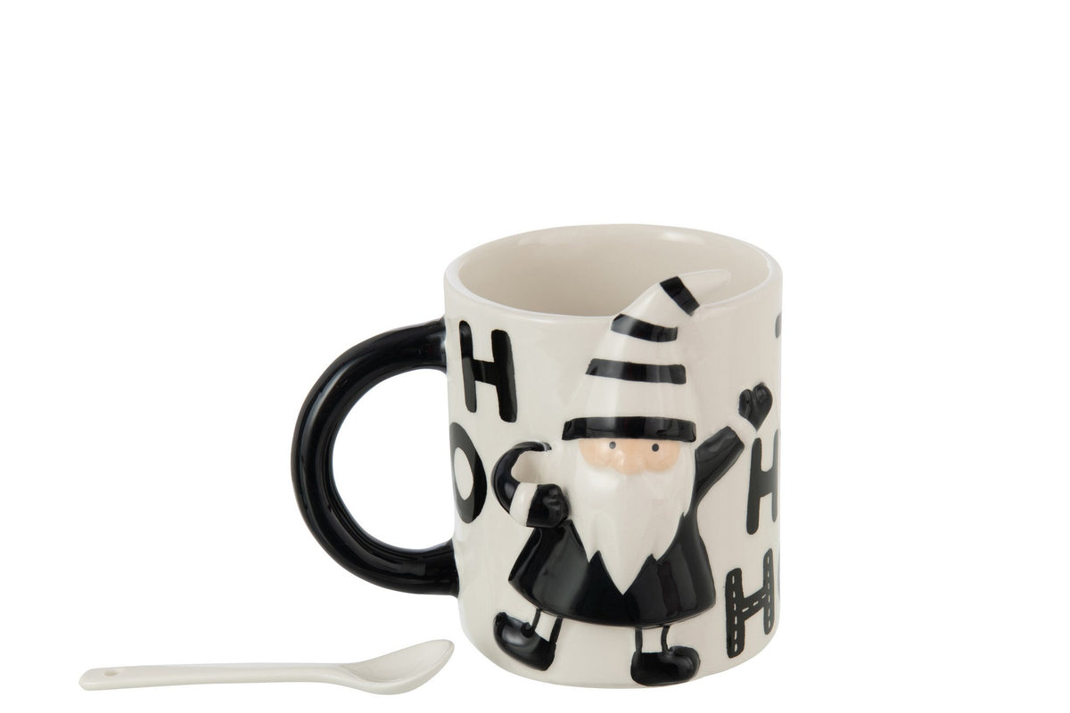 J-Line mok + lepel Kerstman Dolomiet - keramiek - wit/zwart