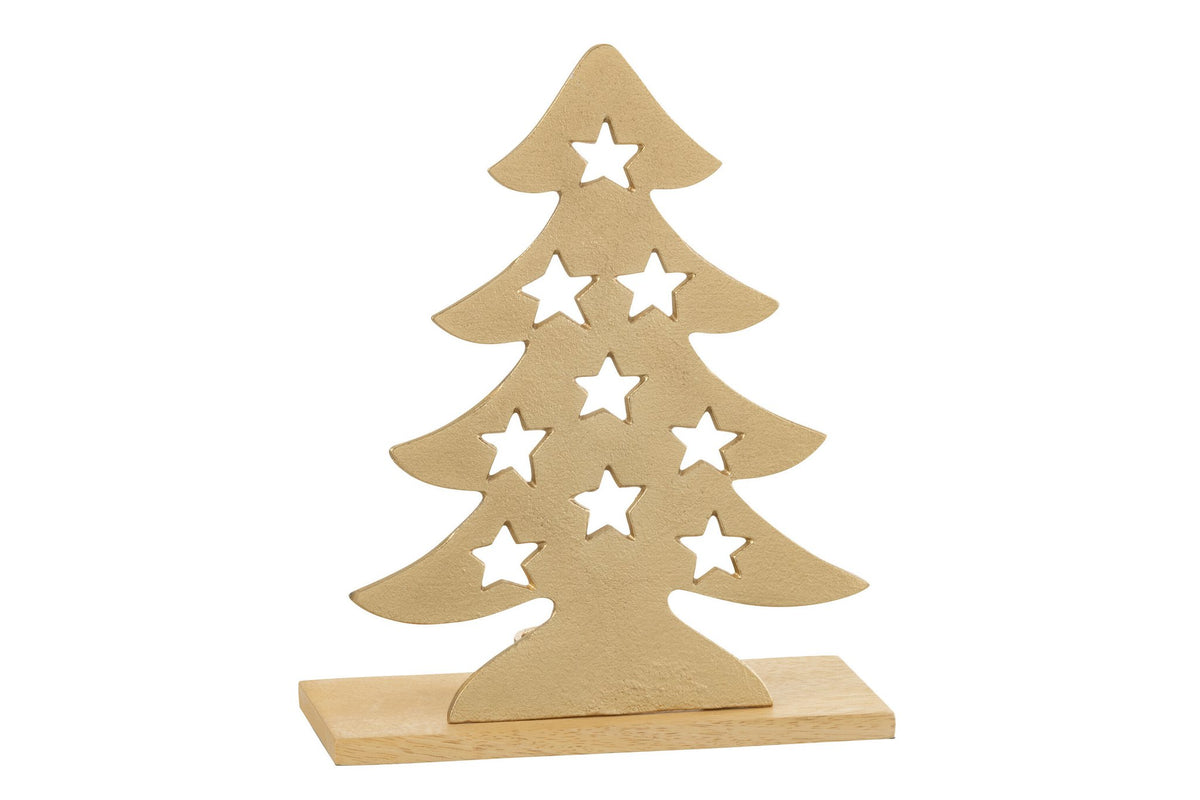 J-Line theelichthouder Kerstboom - aluminium/hout - goud - large