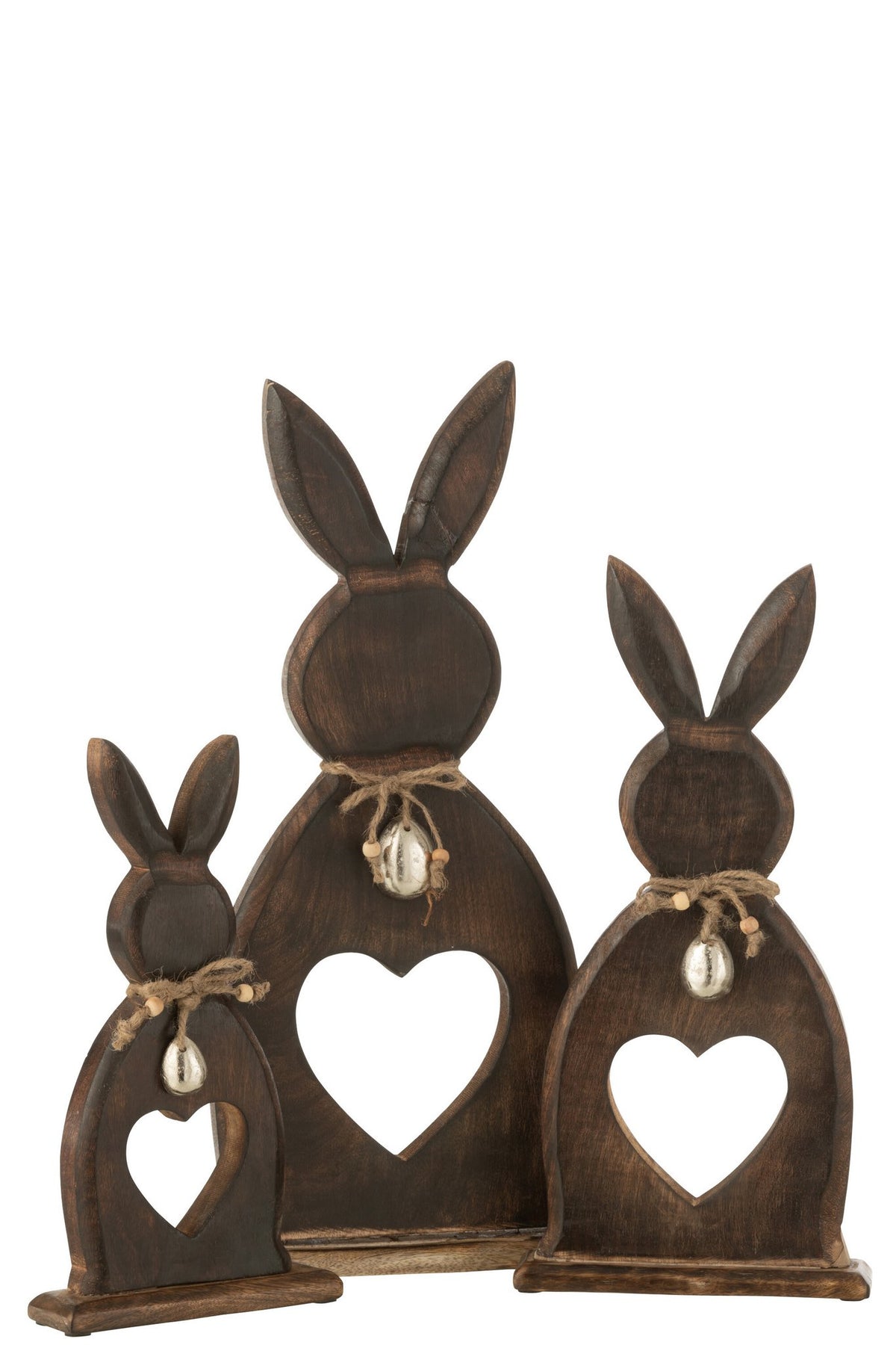 J-Line decoratie Konijn Hart + Ei Mango - hout - donkerbruin - large