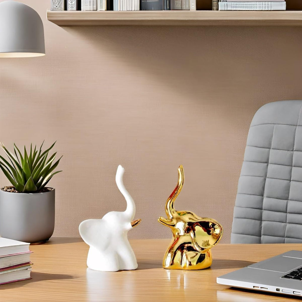 Keramieken olifantenbeeldjes – modern wit en goud – set van 2 stuks