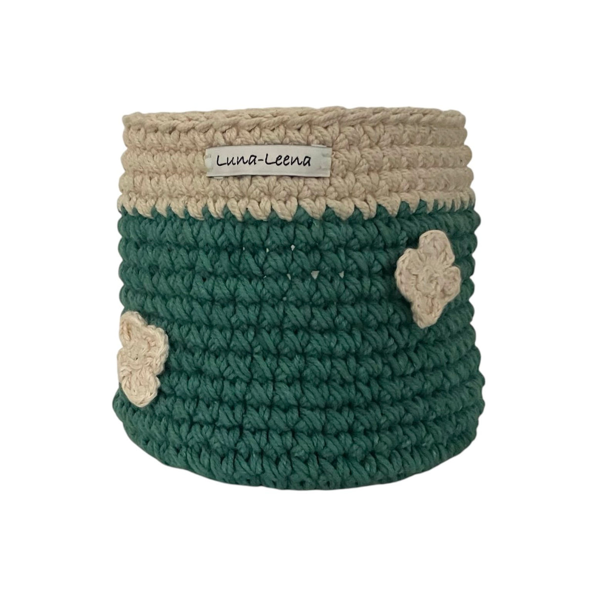 Luna-Leena mand groen met biologische bloemen - H13x12øcm - dik katoen - hand gehaakt in Nepal