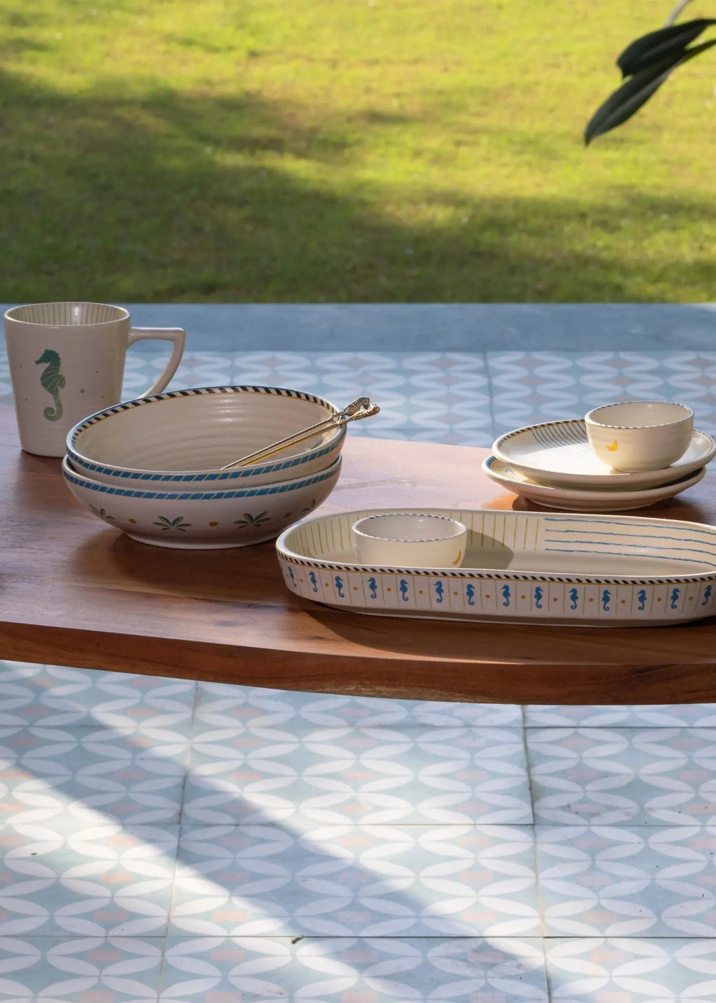 Keramische ondiepe serveerschaal - Palmboommotief, set van 2, 19 cm