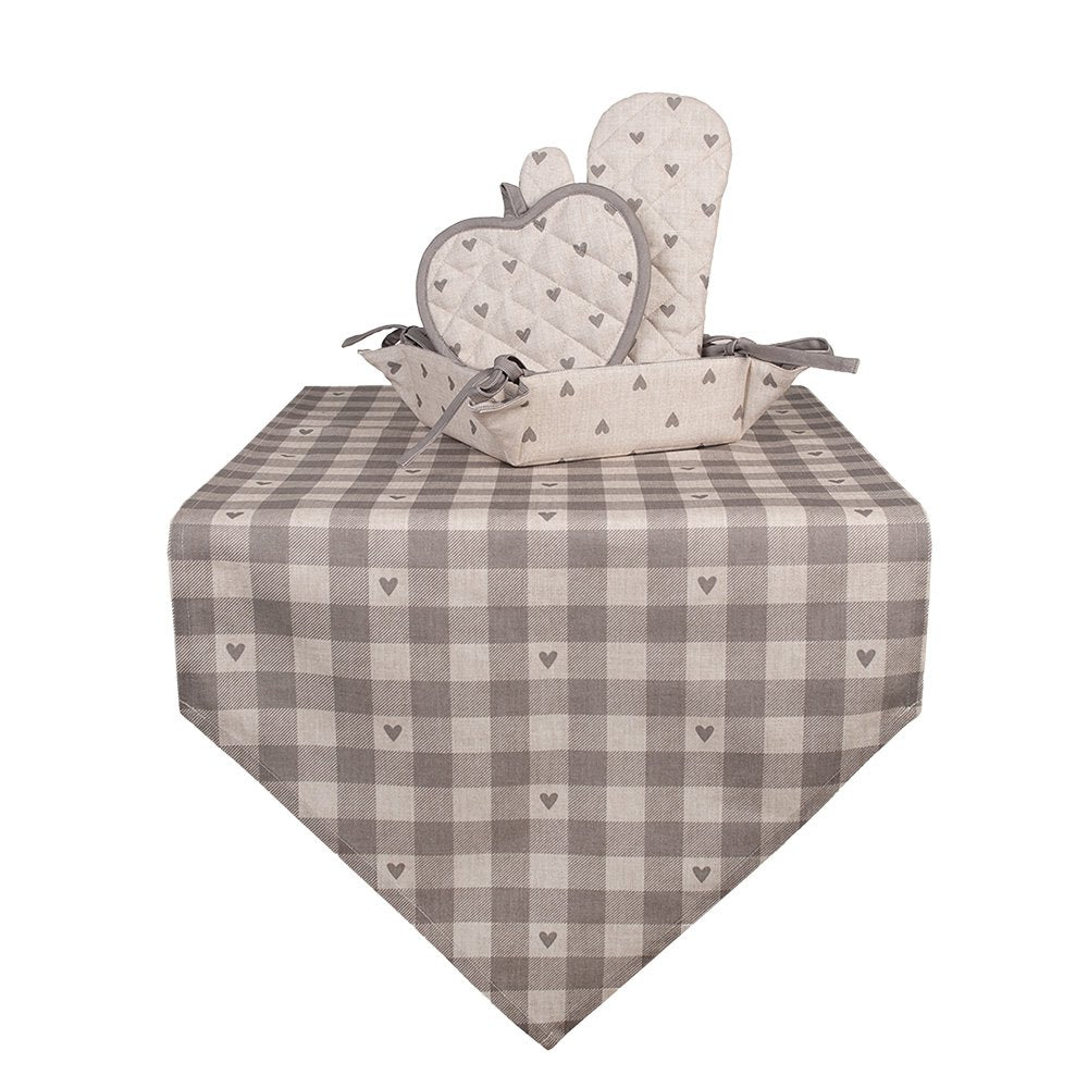 Tafelloper 50x160 cm Beige Grijs Katoen Hartjes
