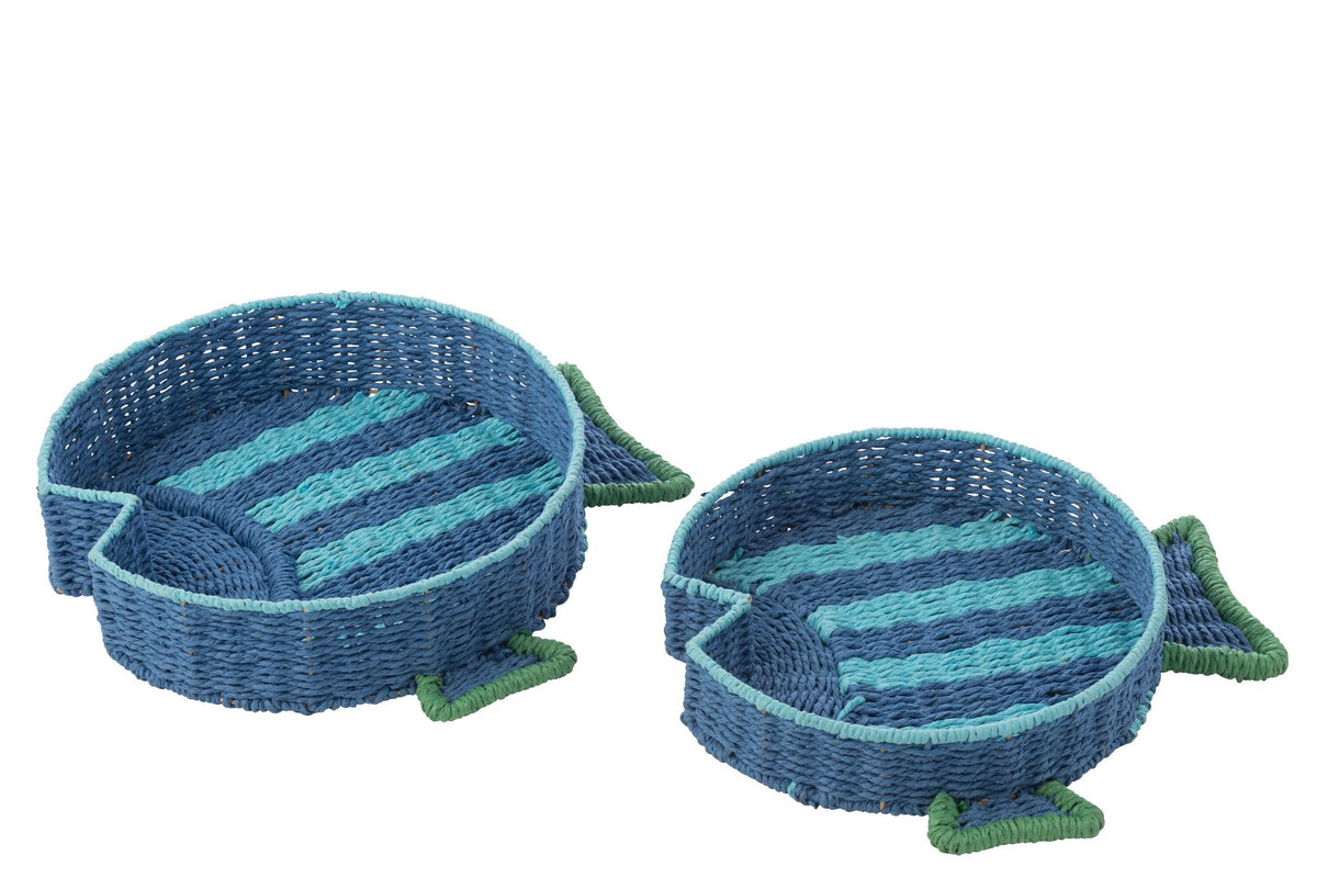 J-Line plateau Vis Gestreept - papier - donkerblauw/groen - set van 2