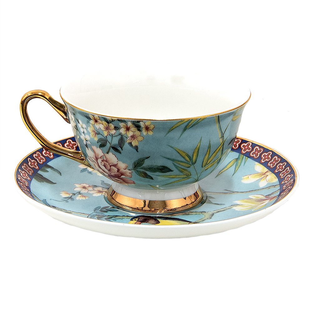 Kop en Schotel 200 ml Blauw Goudkleurig Porselein Vogels Servies