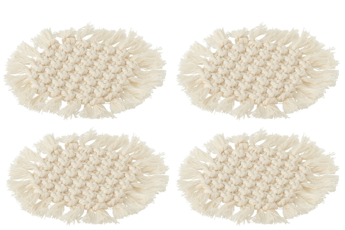 J-Line onderzetter Rond Macramé - polyester - beige - 4 stuks