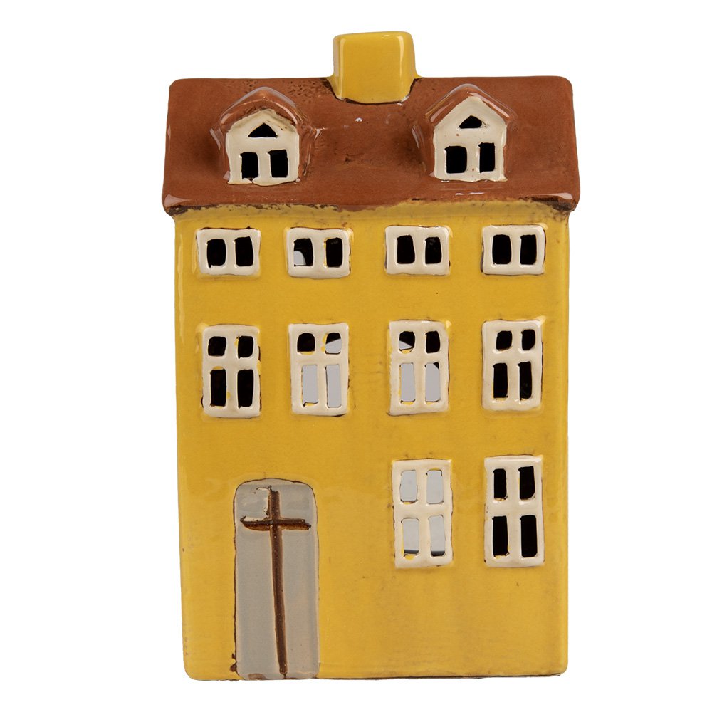 Waxinelichthouder Huis 12x8x18 cm Geel Bruin Keramiek Theelichthouder
