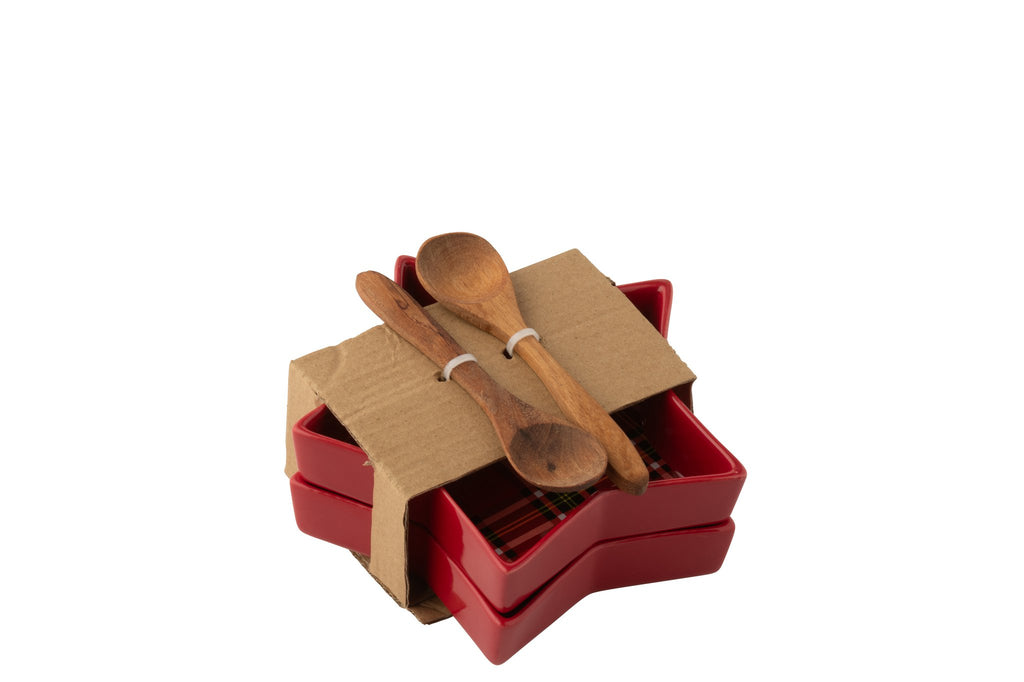 J-Line schaal Plaid Ster - keramiek - rood - set van 2