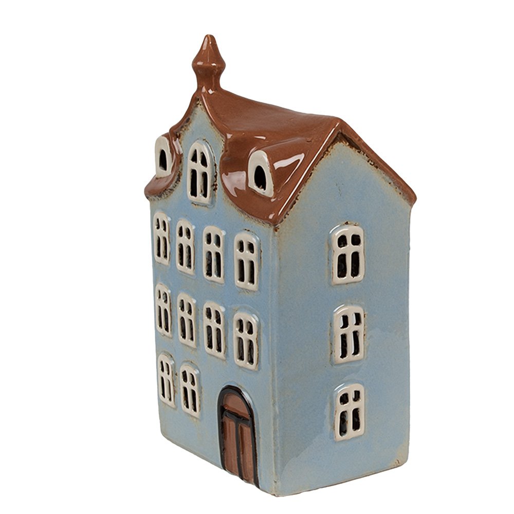 Waxinelichthouder Huis 13x9x22 cm Blauw Bruin Keramiek Theelichthouder