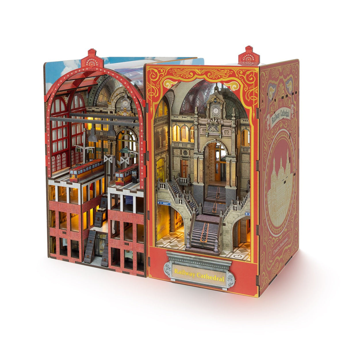 Bouwpakket 3D DIY Boekensteun Booknook Railway Cathedral met LED lichtsensor