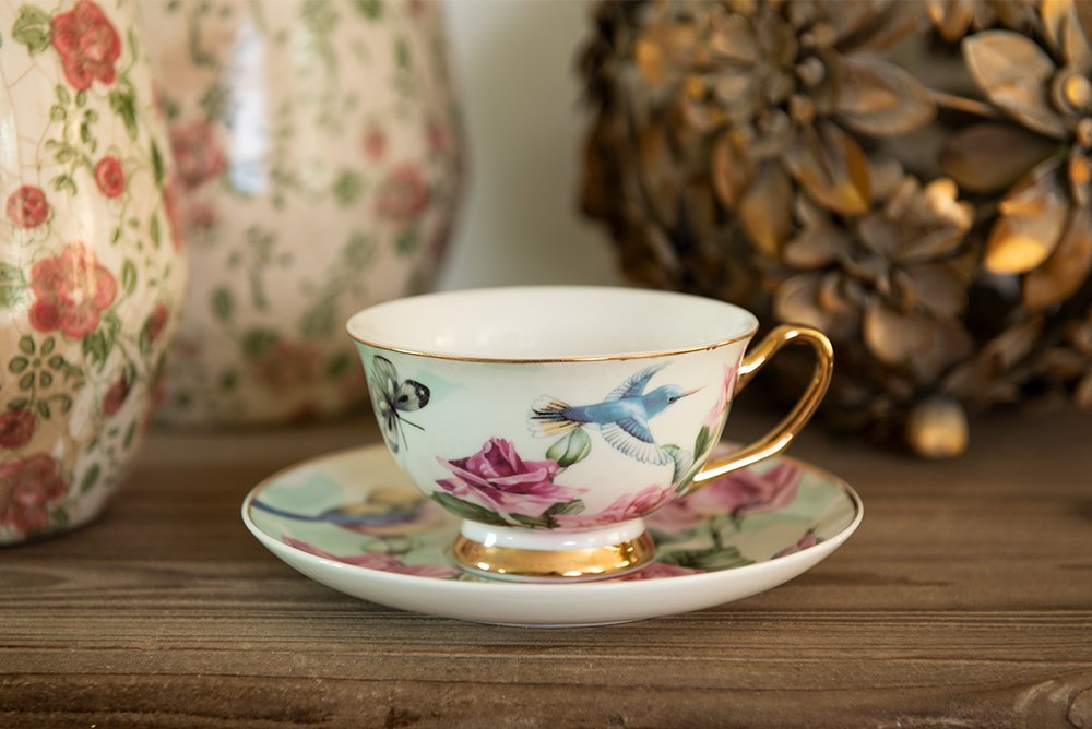 Kop en Schotel 200 ml Groen Porselein Bloemen Servies