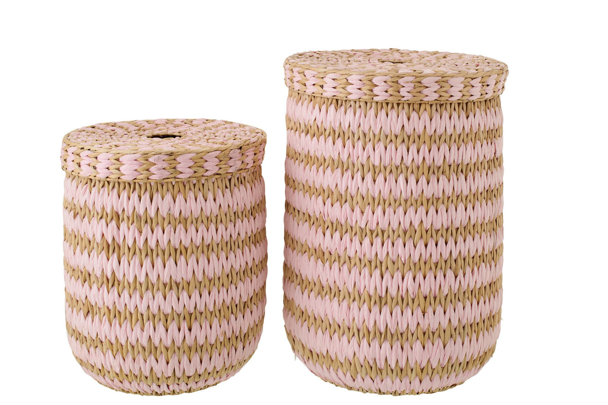 J-Line mand met deksel Gestreept - papier - naturel/roze - set van 2